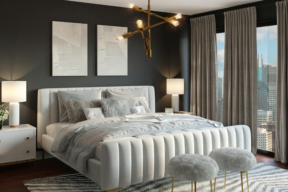 Bett mit grauer Decke, zwei Hocker am Bettende, bodentiefe Fenster mit Blick auf Hochhäuser, schwarze Wand, Mita-On GmbH